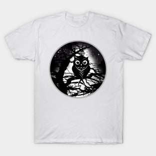 little owl sitting on a tree under a full moon T-Shirt